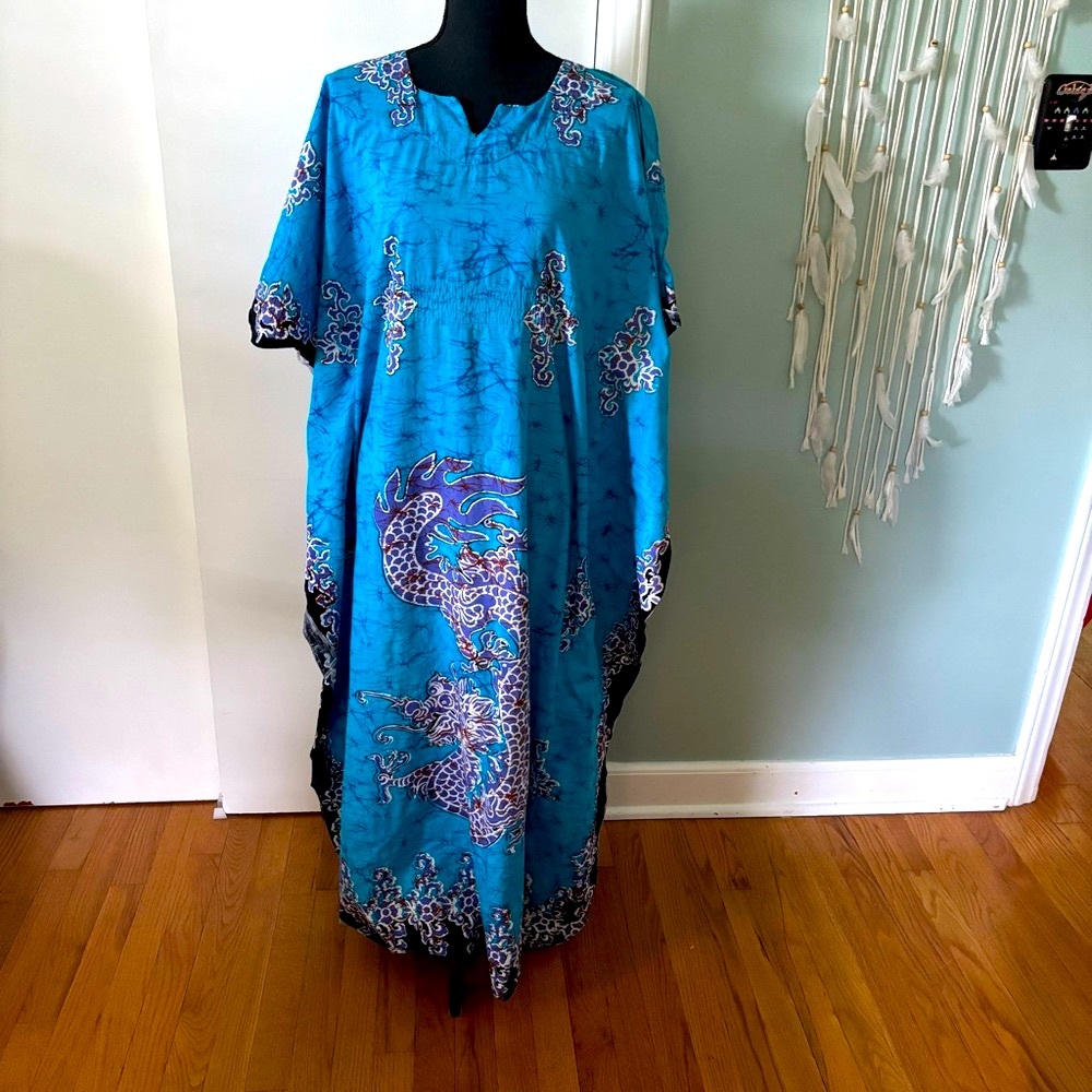 Vintage Elegant Blue and Purple Print Dress 100% Cotton